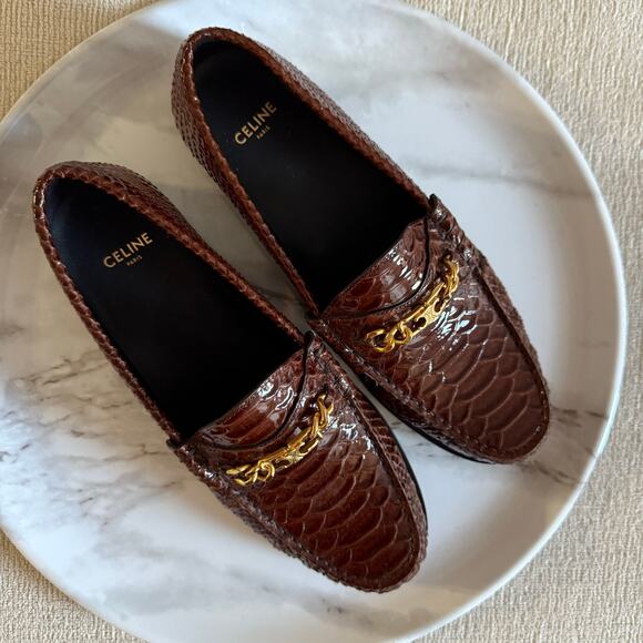 Celine Luco Loafer Triomphe Chain Python Embossed Patent Leather Brown 38 - Picture 3 of 8